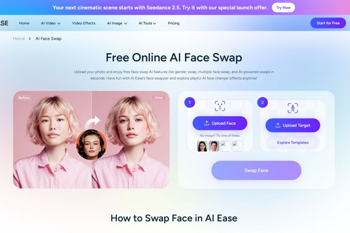 얼굴 교체, 프로필 사진, 필터, 헤어스타일 및 의상 변환을 보여주는 AI Ease 얼굴 바꾸기 및 인물 사진 도구