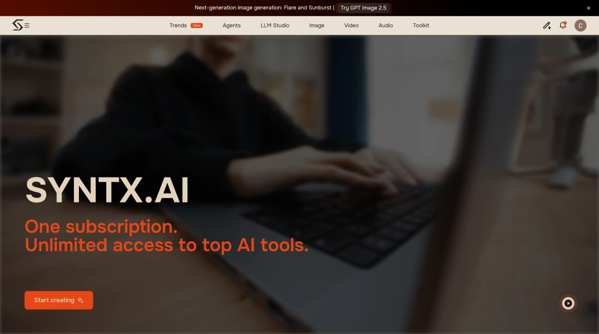 Syntx AI dashboard with more than 100 tools for images, video, text, audio, music, and editing
