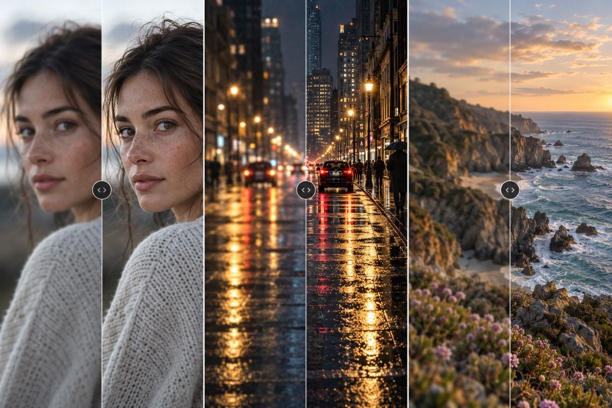 Krea image enhancer before-and-after comparison of a portrait, rainy night street, and coastal landscape with clearer visible detail