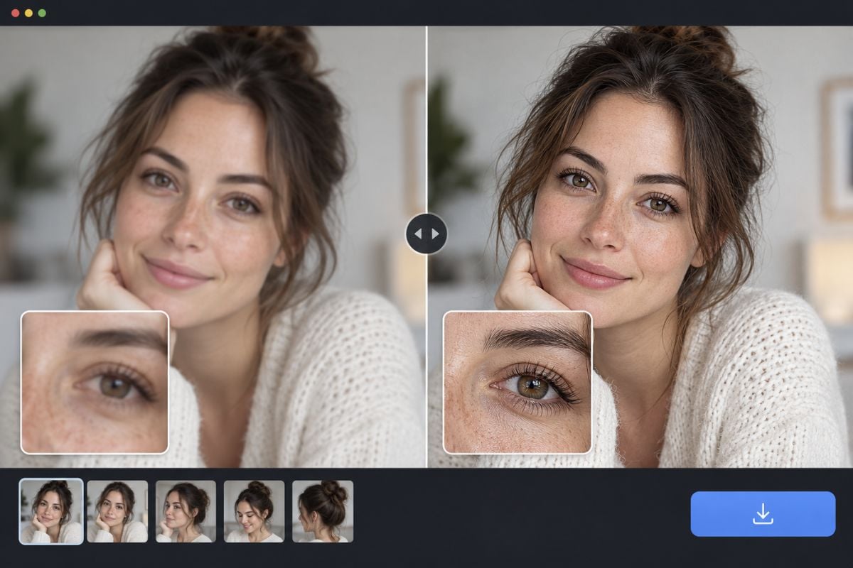 Krea image enhancer portrait sharpening before-and-after comparison preserving the woman's face, expression, skin texture, and original composition