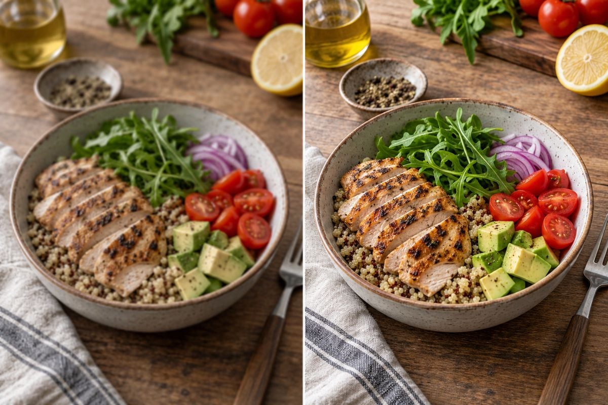 Krea image enhancer food product photo before and enhanced after comparison with sharper grilled chicken, vegetables, and plate details