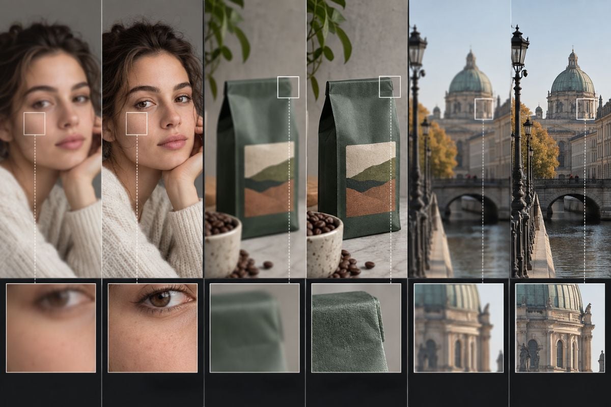 Krea image enhancer detail recovery comparison showing a portrait, product package, and architectural scene with sharper textures
