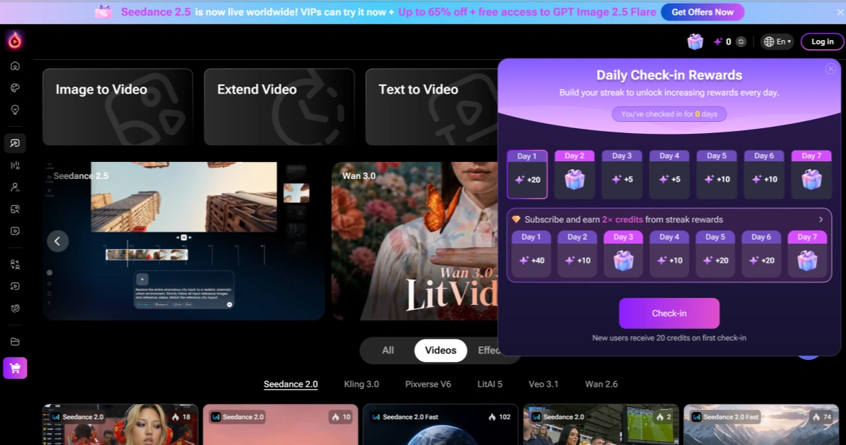 LitVideo-Erstellungsoberfläche mit Workflows für Text-zu-Video, Bild-zu-Video, Referenz-zu-Video und Videoverlängerung
