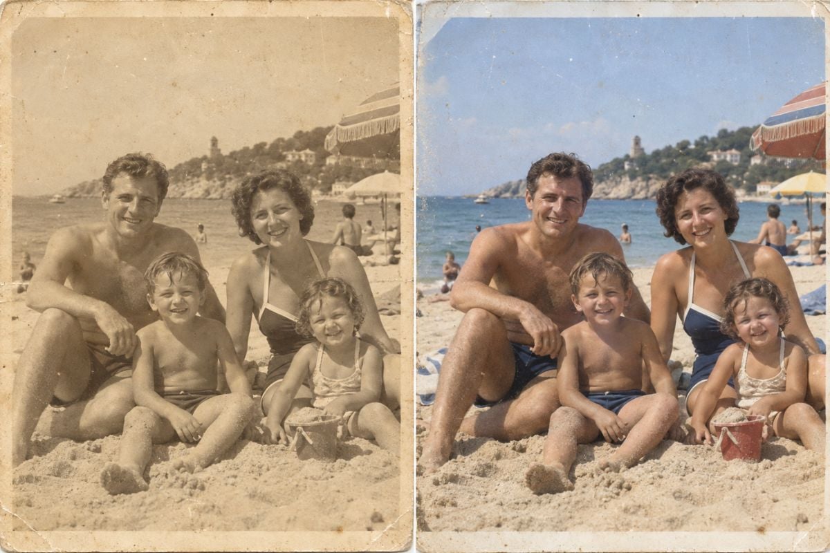 Photo Colorizer before-and-after colorization of a faded seaside family snapshot while preserving grain, age marks, faces, and original framing