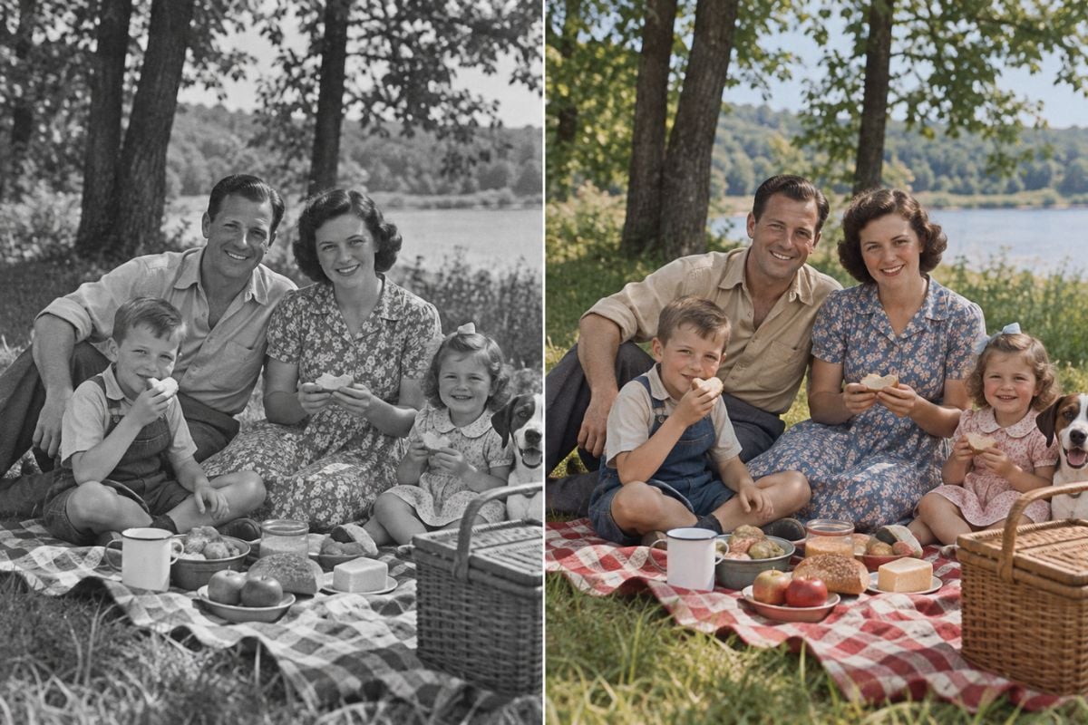 Photo Colorizer before-and-after comparison of a 1940s family picnic photo with natural skin tones, period clothing, grass, and picnic details