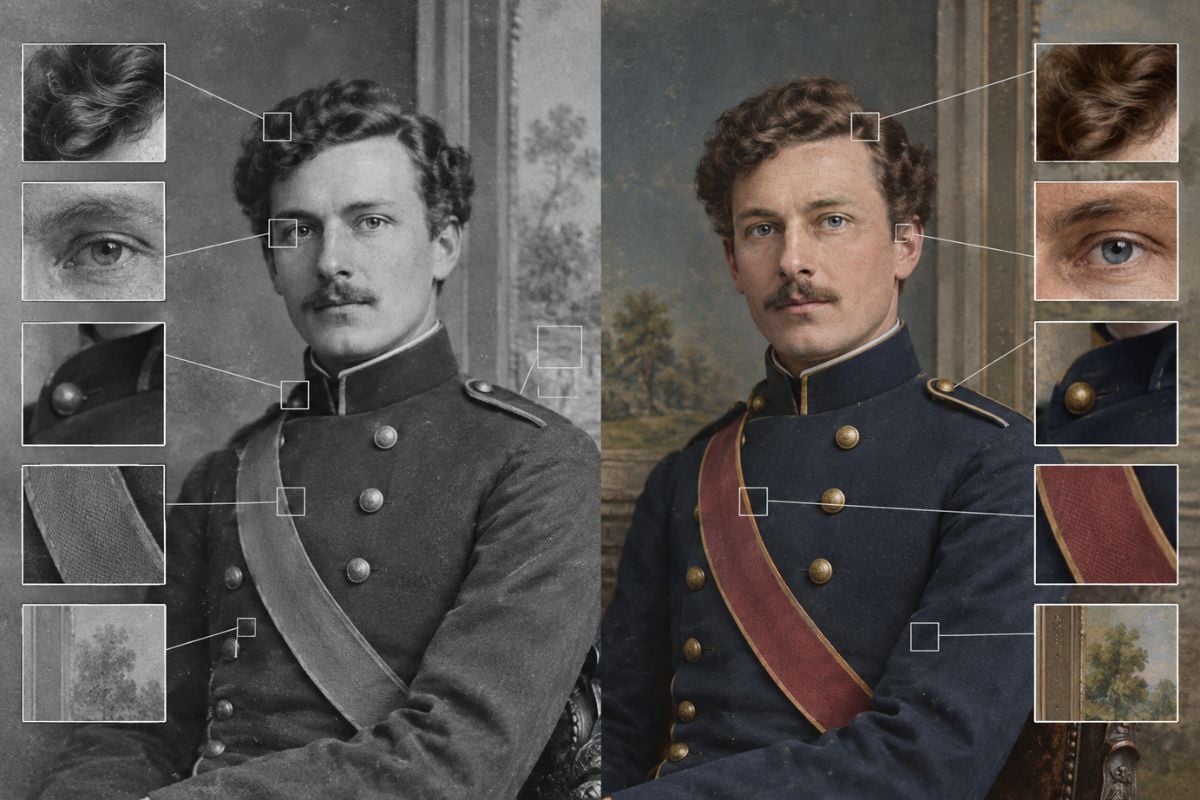 Photo Colorizer historical portrait comparison with close-up checks for hair, eyes, military coat, ribbon, and background color choices