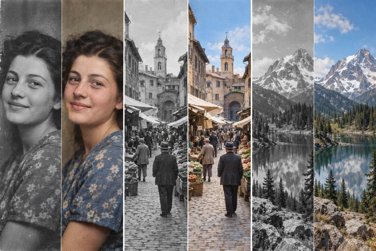 Photo Colorizer comparison showing a vintage portrait, historic market street, and mountain landscape before and after natural color restoration