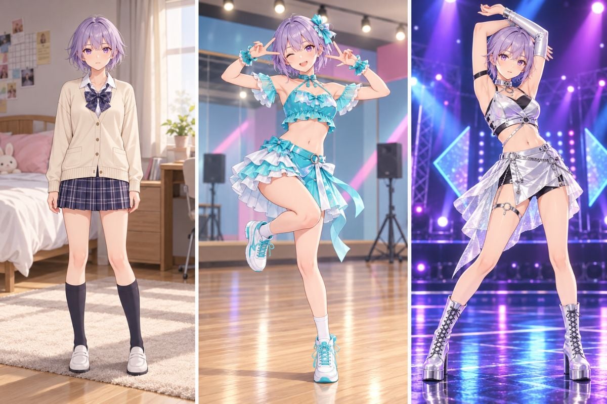 GoEnhance AI dance generator showing an anime girl changing into a turquoise stage dance outfit