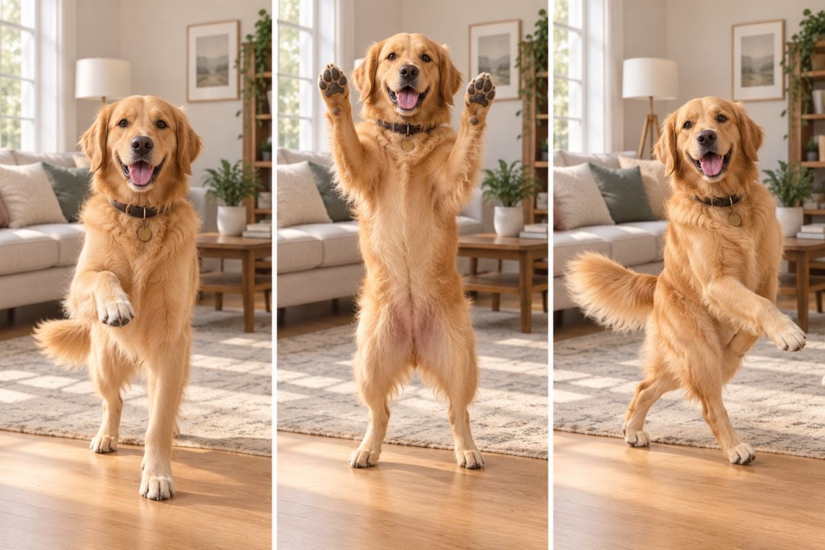 GoEnhance AI dance generator showing a golden retriever performing playful dance poses at home