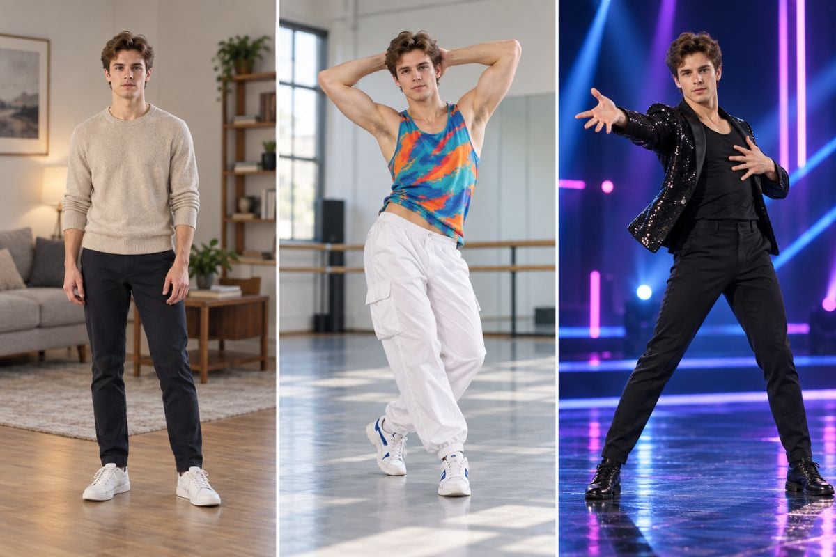 GoEnhance AI dance generator showing a man transforming from casual clothes to a colorful dance look and black stage outfit