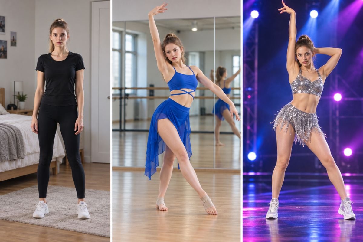 GoEnhance AI dance generator showing a woman moving from a blue practice outfit into a stage dance performance
