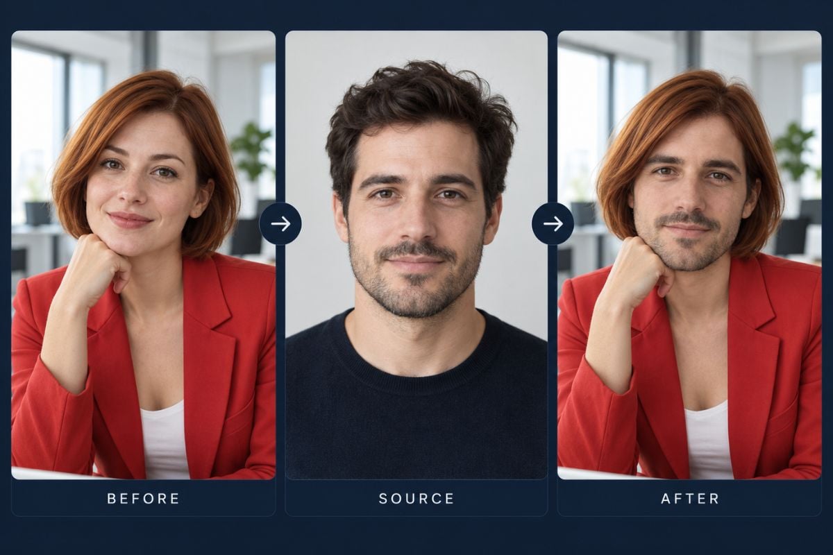 Vidwud Gesichtstausch-Fotovergleich mit Originalgesicht, Quellporträt und getauschtem Ergebnis