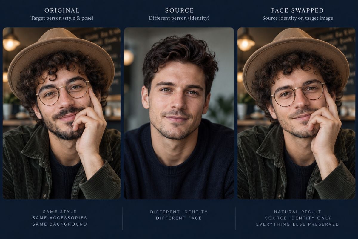 Kreativer Vidwud KI-Gesichtstausch unter Beibehaltung von Zielkostüm, Frisur, Pose und Hintergrund