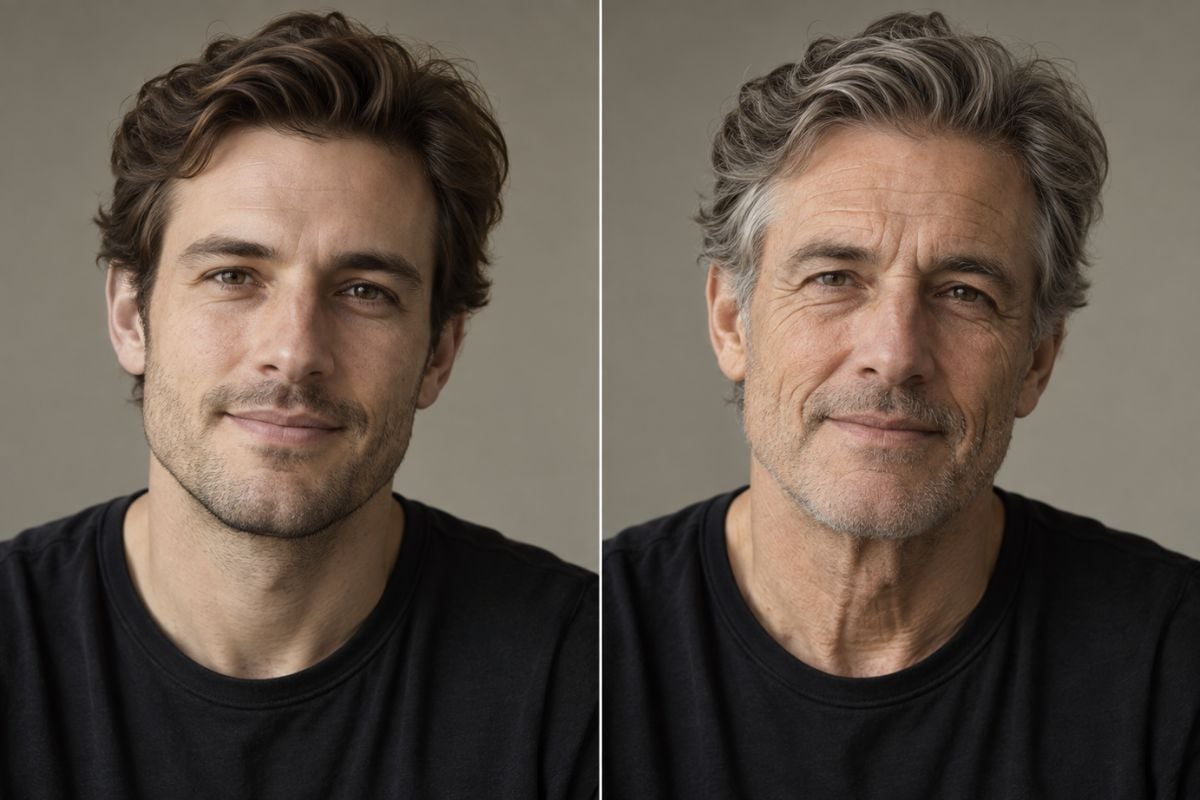 Fotovergleich zur Alterssimulation, der denselben Mann mit Brille vor und nach einem KI-Alterungseffekt zeigt.
