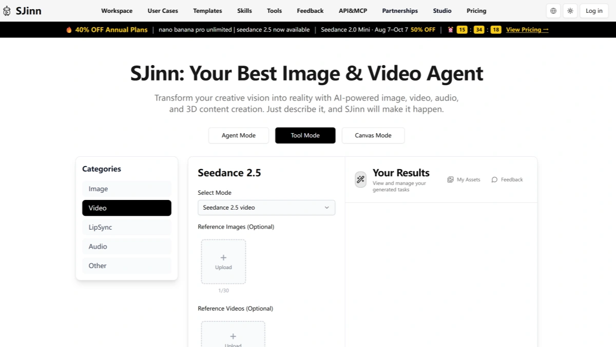 SJinn AI video model library with Seedance, Sora, Kling, Veo, Wan, Grok, and MiniMax