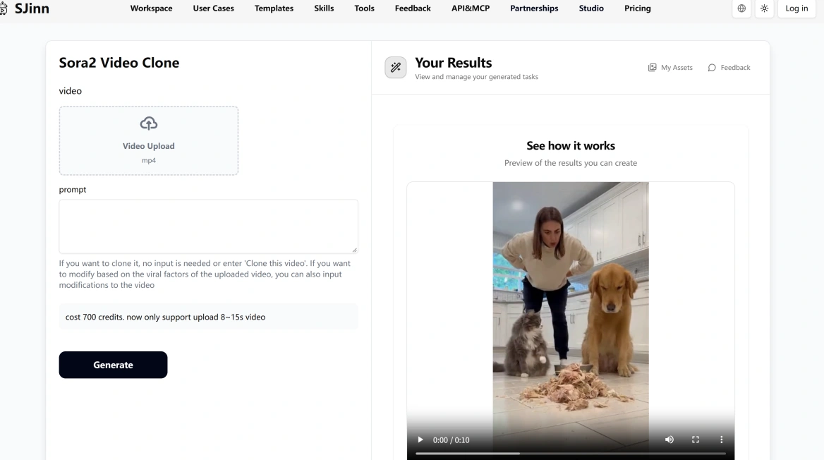 SJinn AI remixing an existing short video with video cloning, character replacement, and editing tools