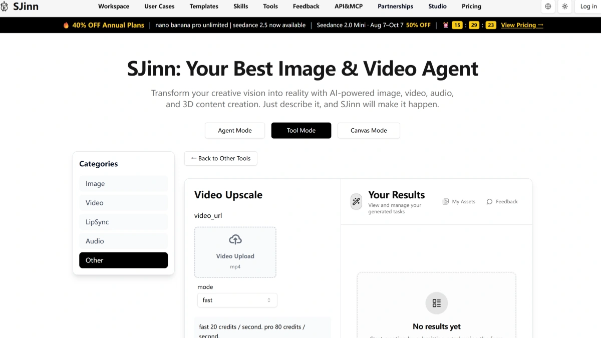 SJinn AI post-production tools for video upscaling, trimming, subtitles, watermark removal, and editing
