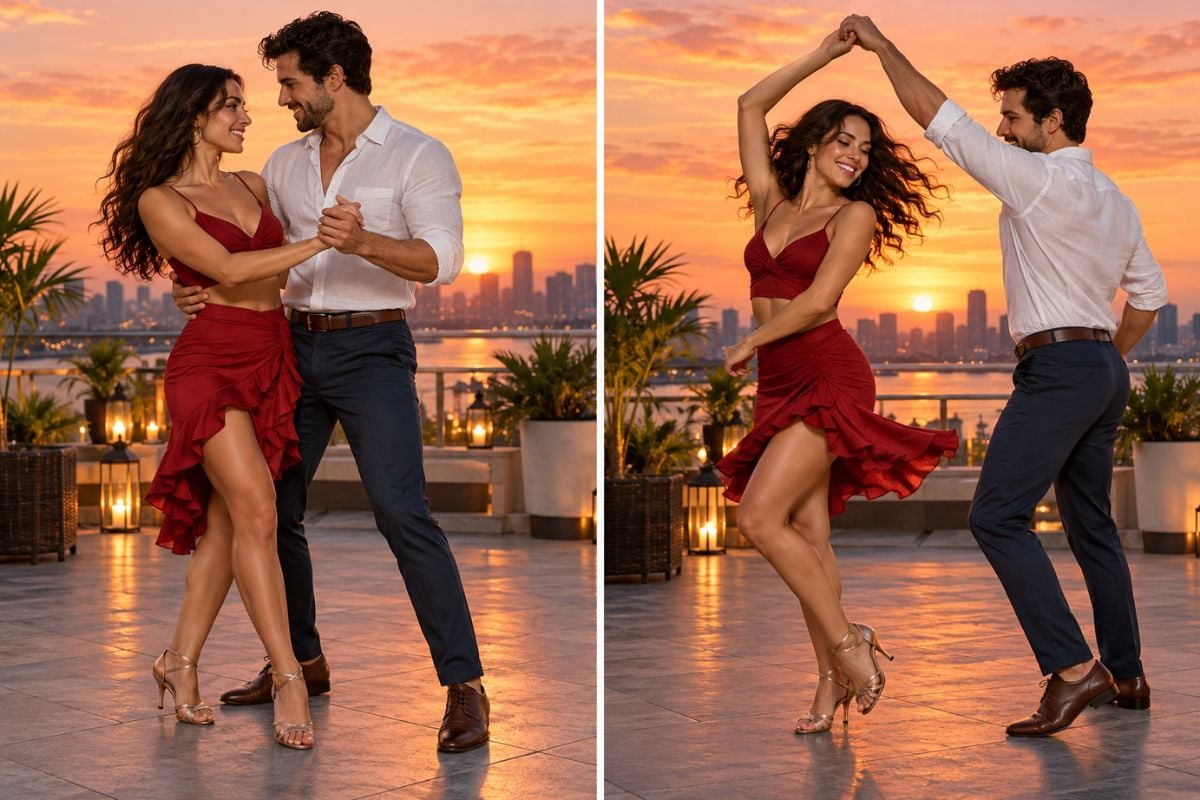 AI couple dance video maker showing a couple following movement inspired by a dance reference video.