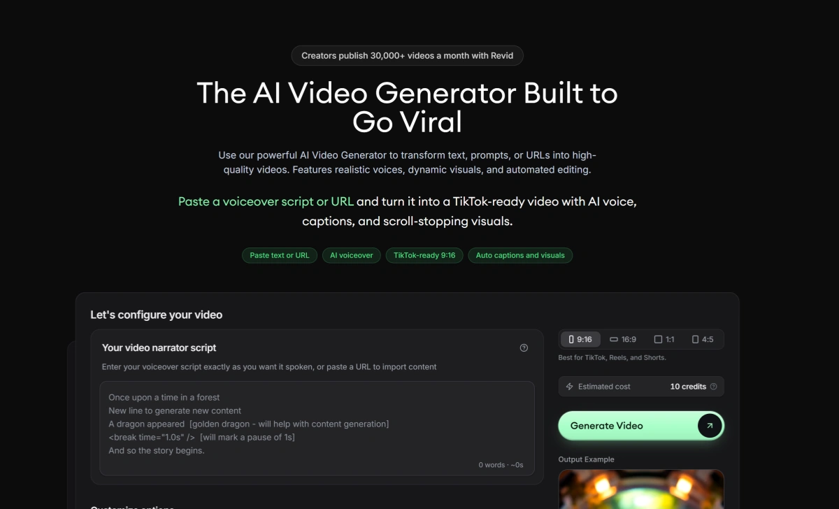 プロンプト、台本、URL、記事、音声、PDF、動画を完成したショート動画コンテンツに変換するRevid AI