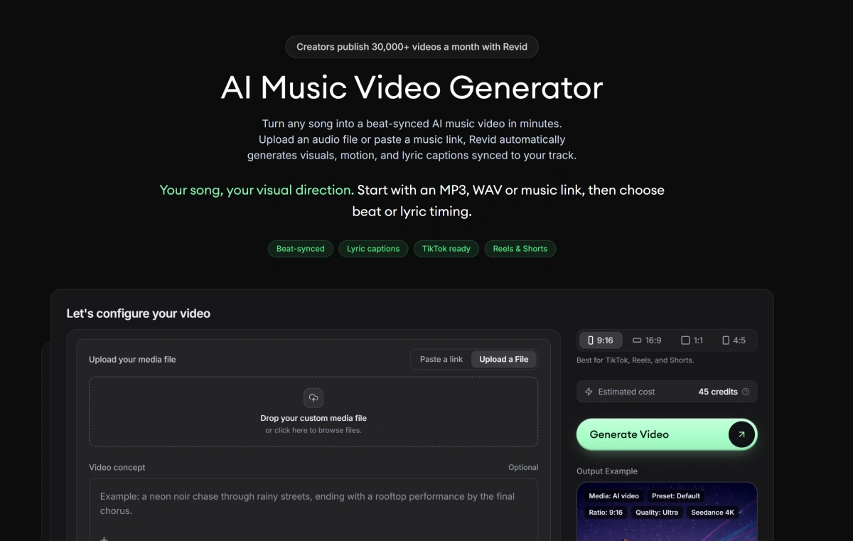 AIビジュアル、モーション、歌詞字幕を楽曲に同期させるRevid AIミュージックビデオジェネレーター