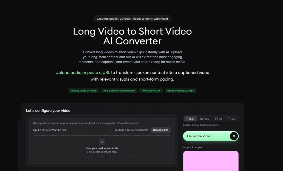 長尺動画からハイライトを抽出し、字幕付きの縦型ショート動画に変換するRevid AI