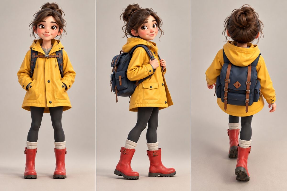 One illustrated character shown at front, three-quarter and rear views.
