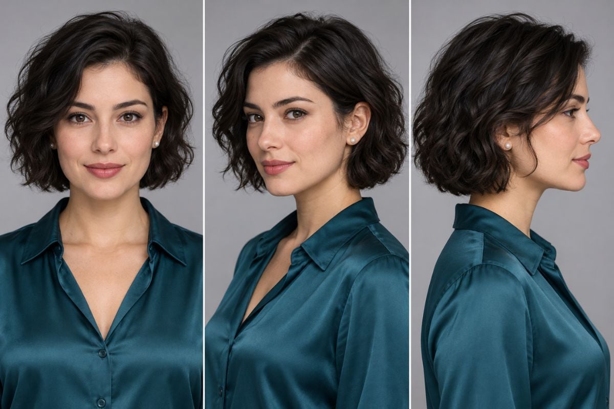 The same woman shown from front, three-quarter and profile camera positions.