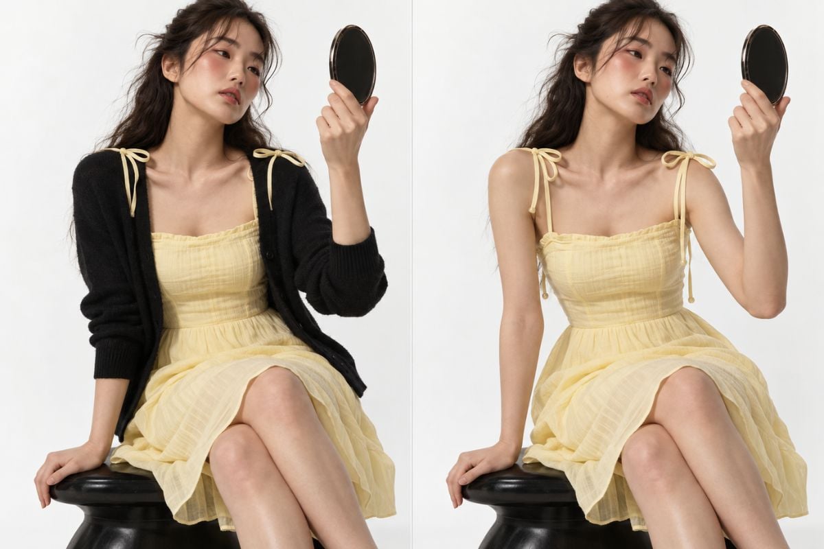 Ejemplo de antes y después del eliminador de ropa con IA: se quita el cárdigan negro de una mujer y se mantiene su vestido amarillo