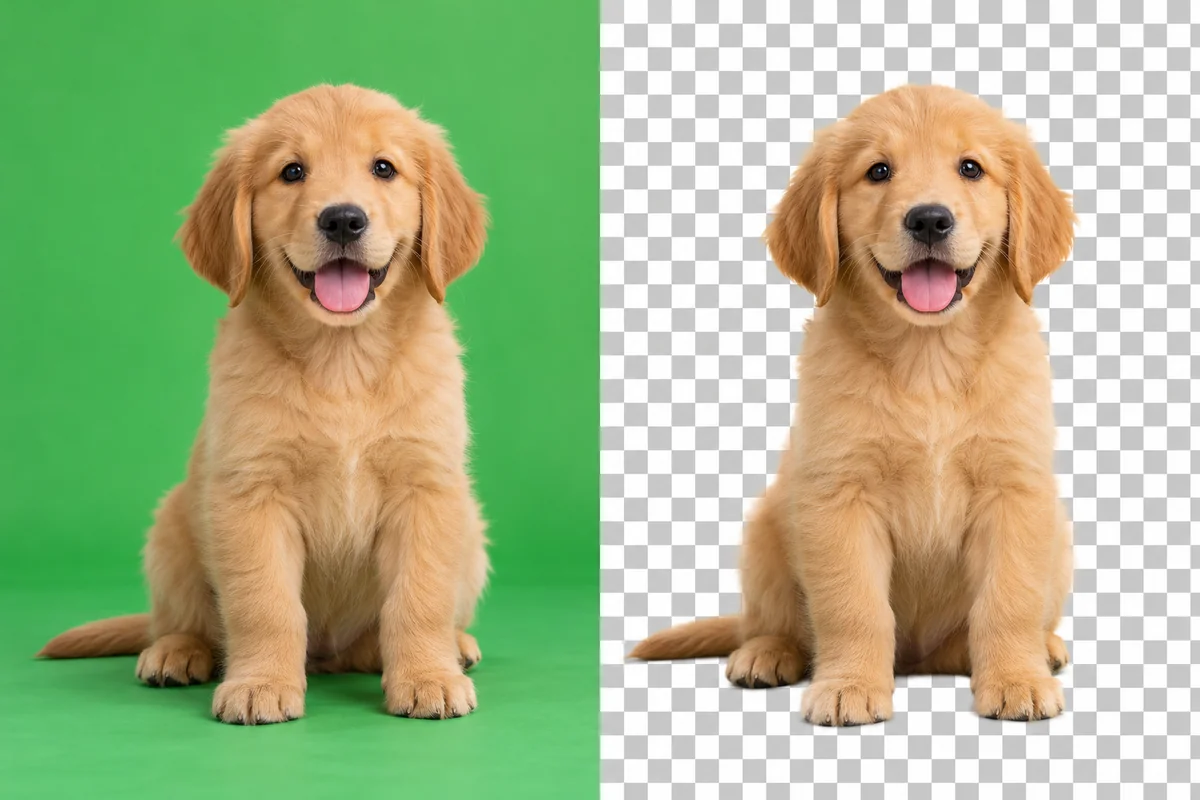 Green Screen Background Remover example: a fluffy dog separated from a green backdrop