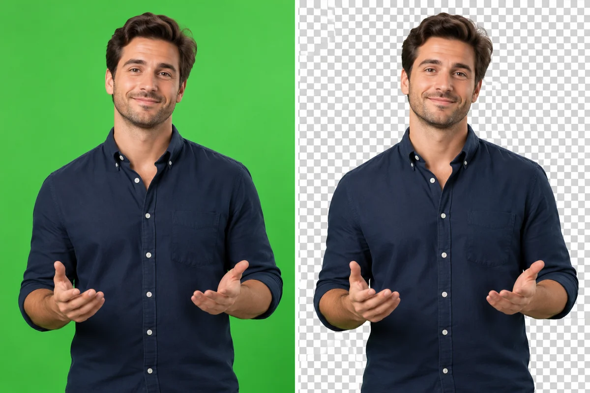 Green Screen Background Remover example: a presenter isolated from a green screen for a transparent cutout