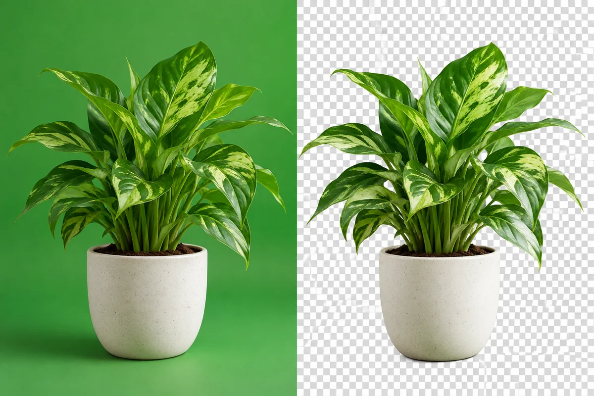 Green Screen Background Remover example: green leaves and thin plant stems kept while the backdrop is removed