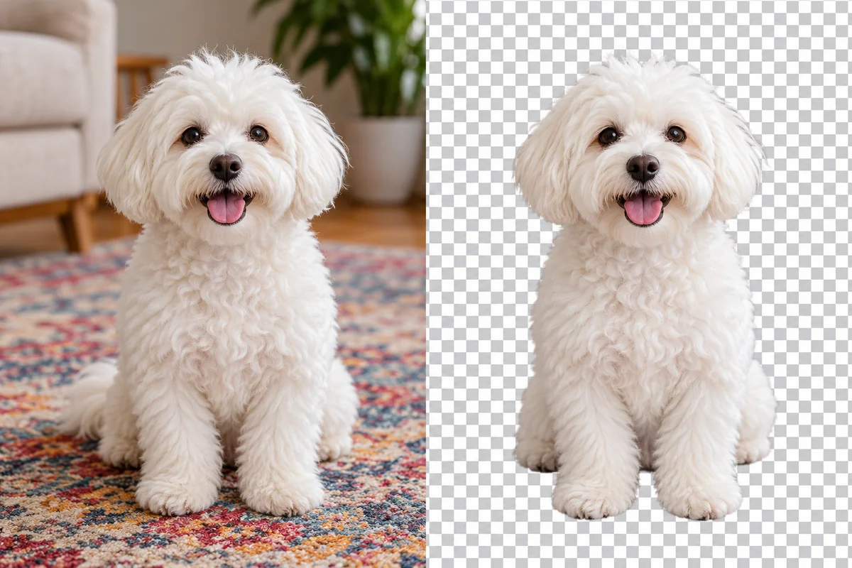背景から分離されたふわふわの犬を示すペット切り抜きのビフォーアフター