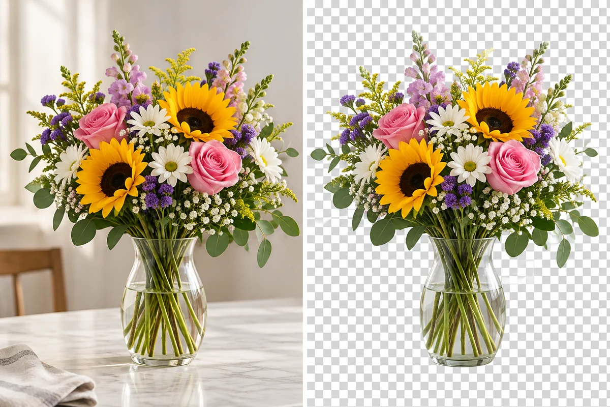 Détourage floral avant-après montrant un bouquet séparé de son arrière-plan