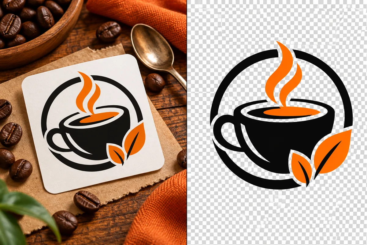 Black-and-orange coffee-cup logo emblem shown as a transparent cutout