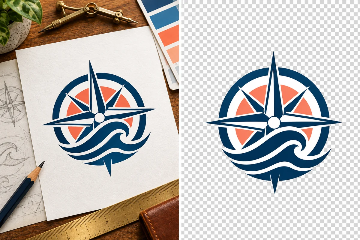 Navy and coral compass-wave logo displayed with a transparent cutout