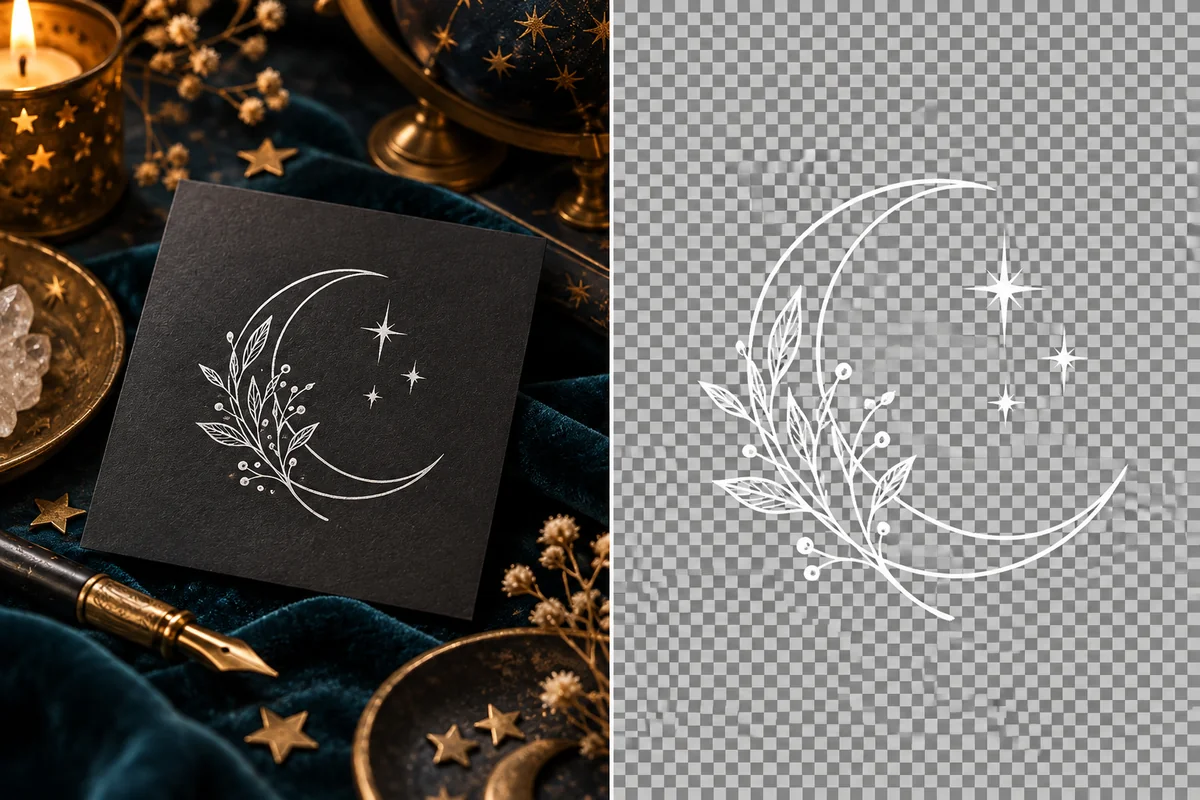 Moon and botanical line-art logo shown as a transparent cutout