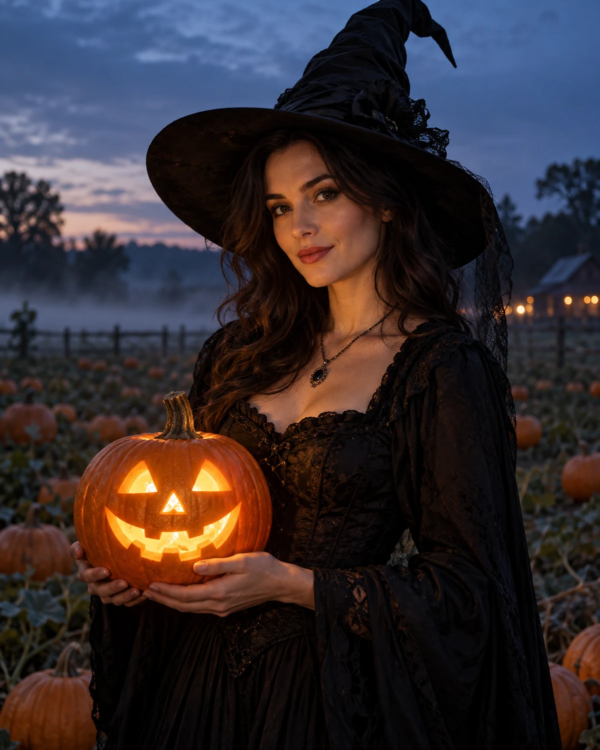 Generated example: witch portrait in a pumpkin patch
