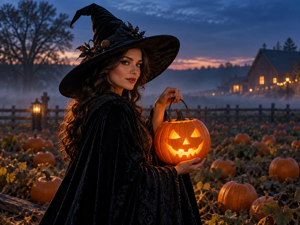 Generated example: second witch portrait in a pumpkin patch