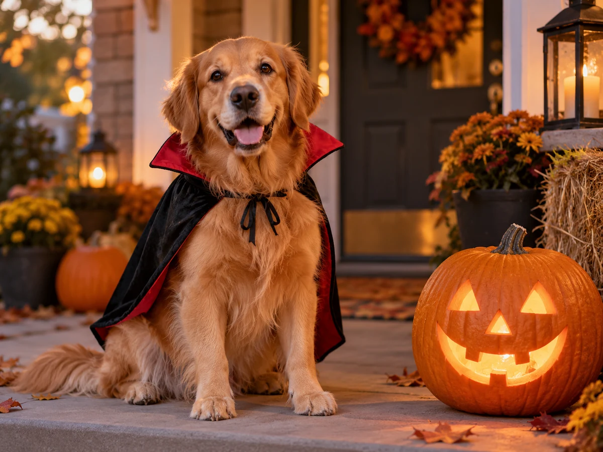 Generated example: golden retriever in a vampire cape
