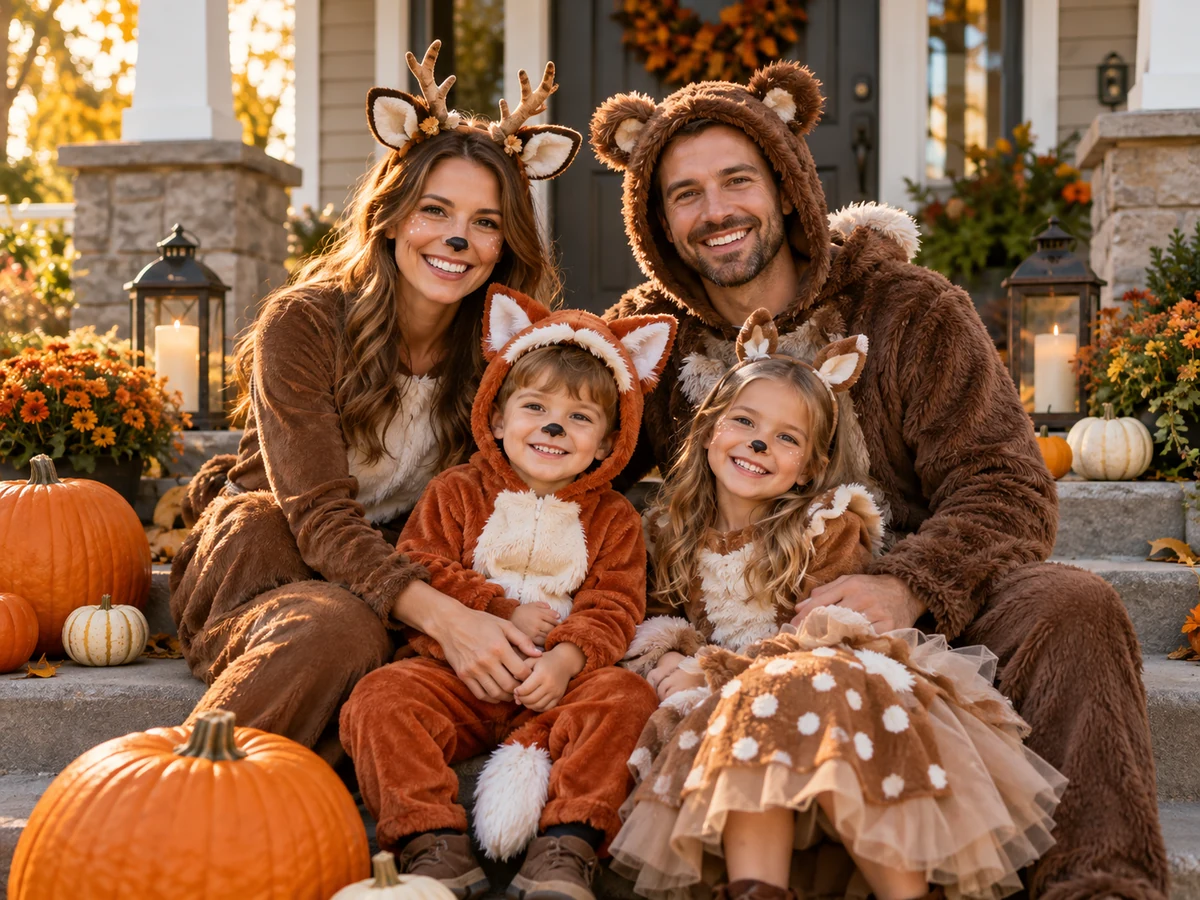 Generated example: family in Halloween costumes on a porch