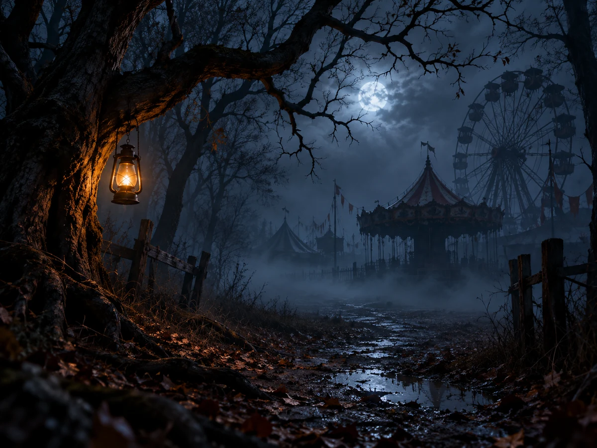 Generated example: foggy forest path and distant carnival