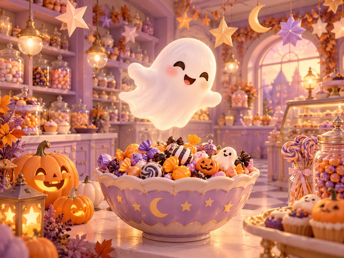 Generated example: cute ghost in a pastel candy shop