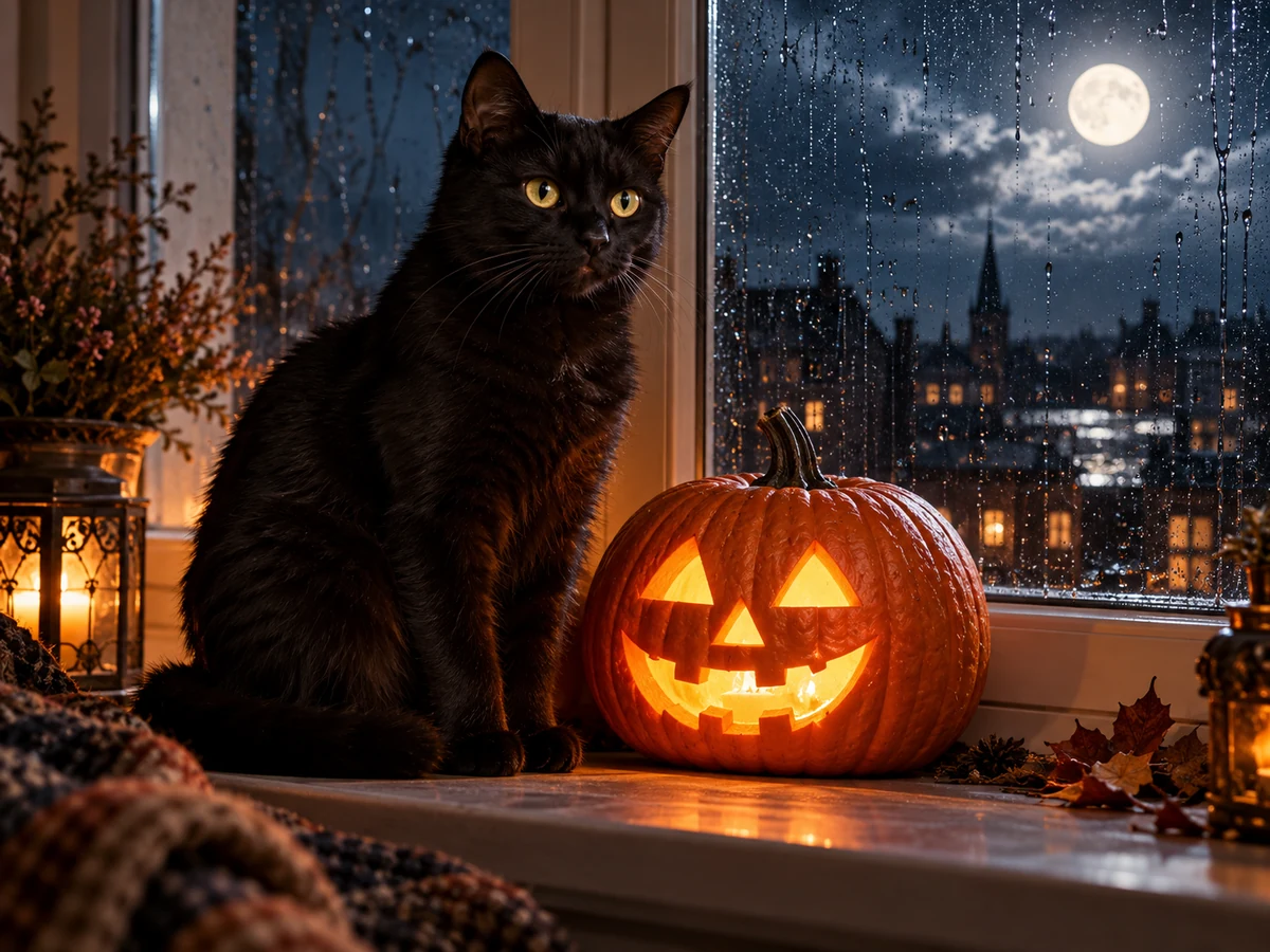 Generated example: black cat beside a pumpkin lantern