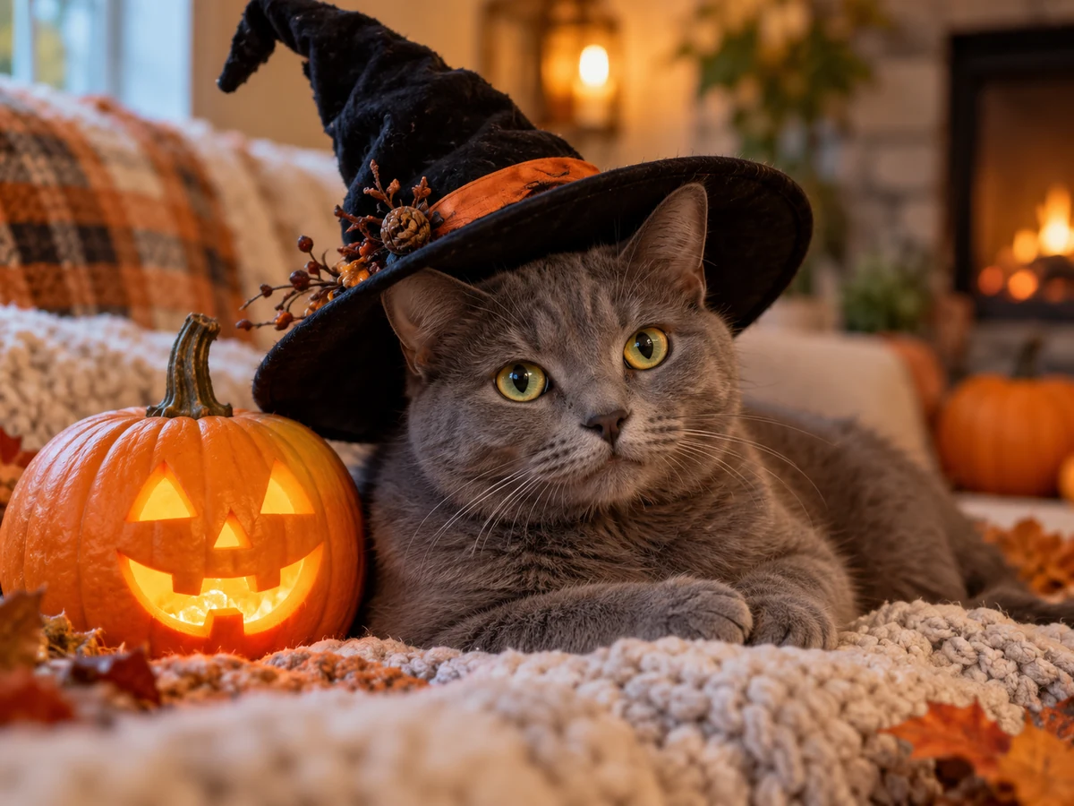 Generated example: gray cat in a witch hat