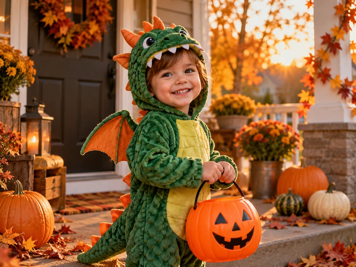 Generated example: child in a friendly dragon costume