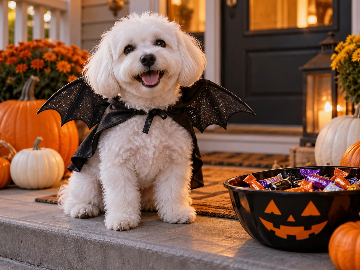 Generated example: white dog in a bat-wing cape
