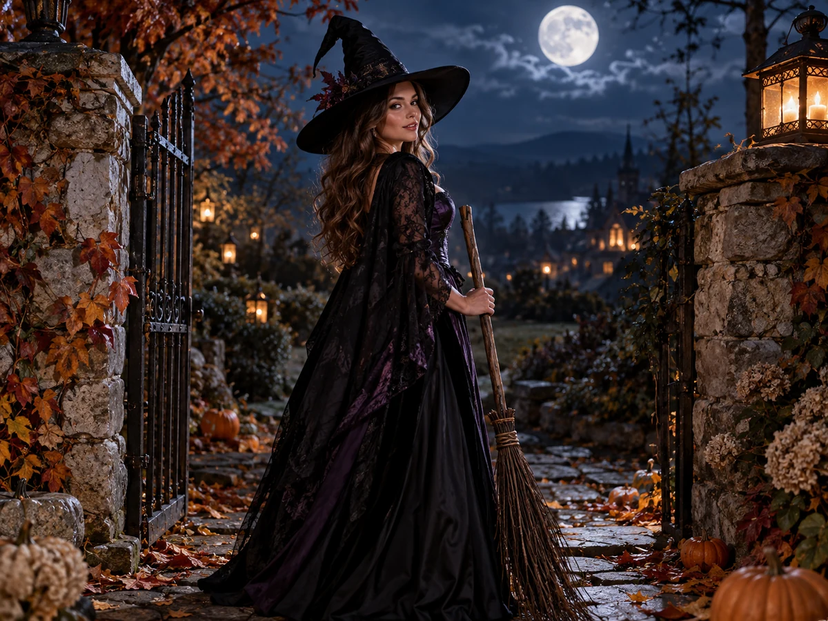 Generated example: witch by a moonlit garden gate