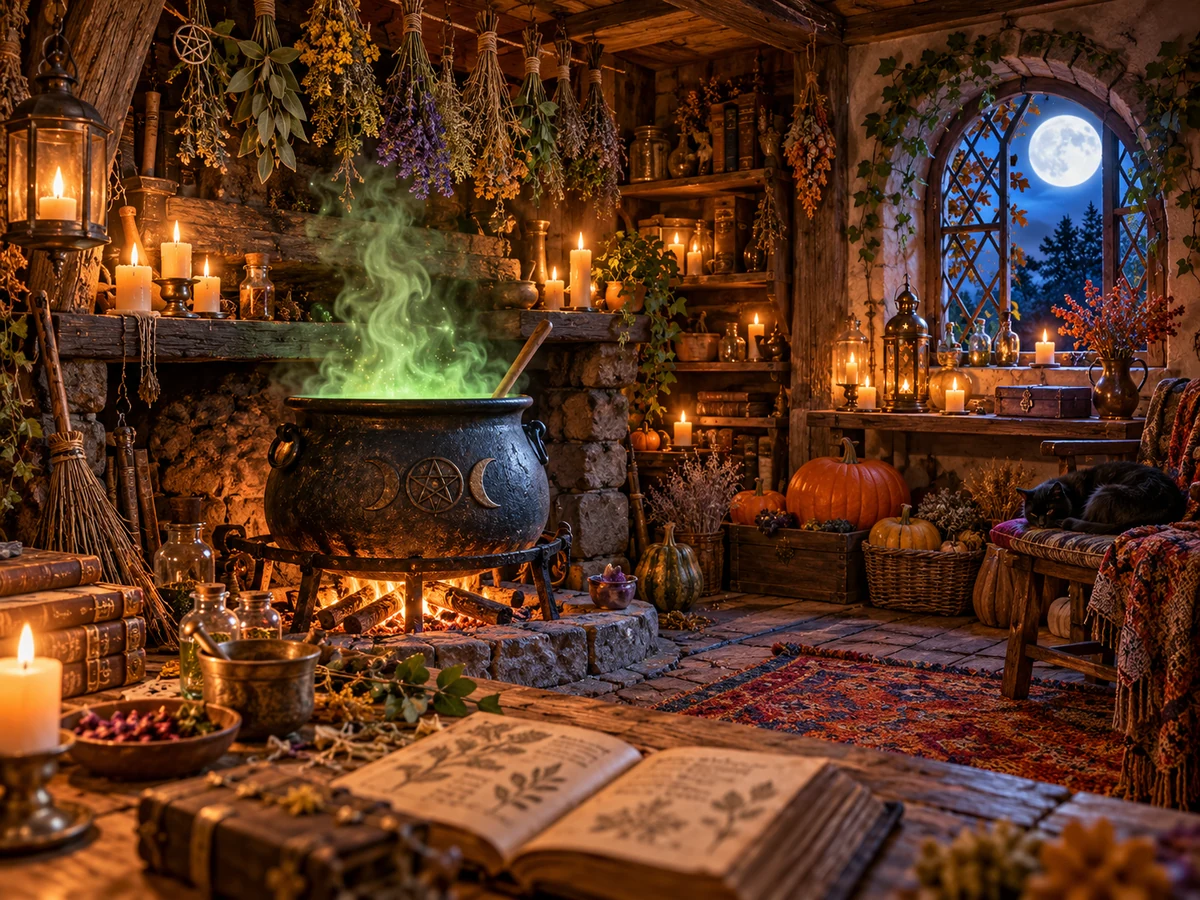 Generated example: cozy witch cottage interior