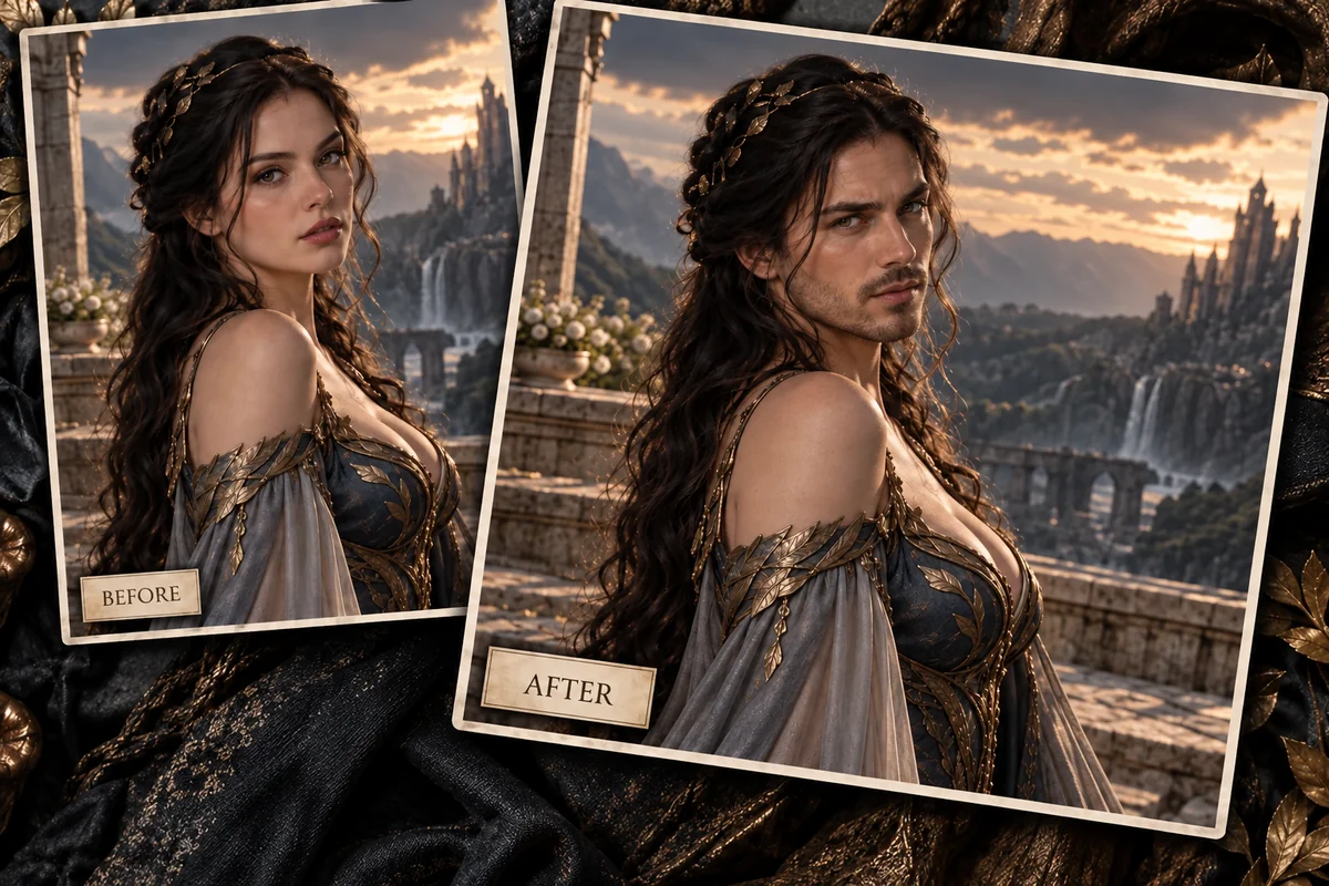 Fantasy character portrait before and after a face swap