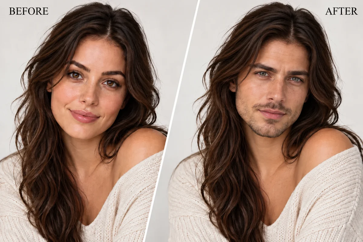 Before-and-after face swap portrait with the same long hairstyle and a changed facial identity